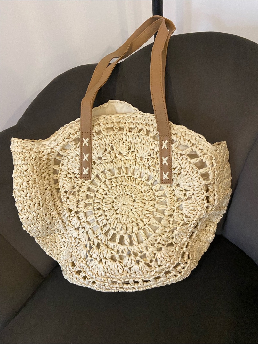 Woven Round Straw Tote Bag with Tan Handles - Picture 3 of 5